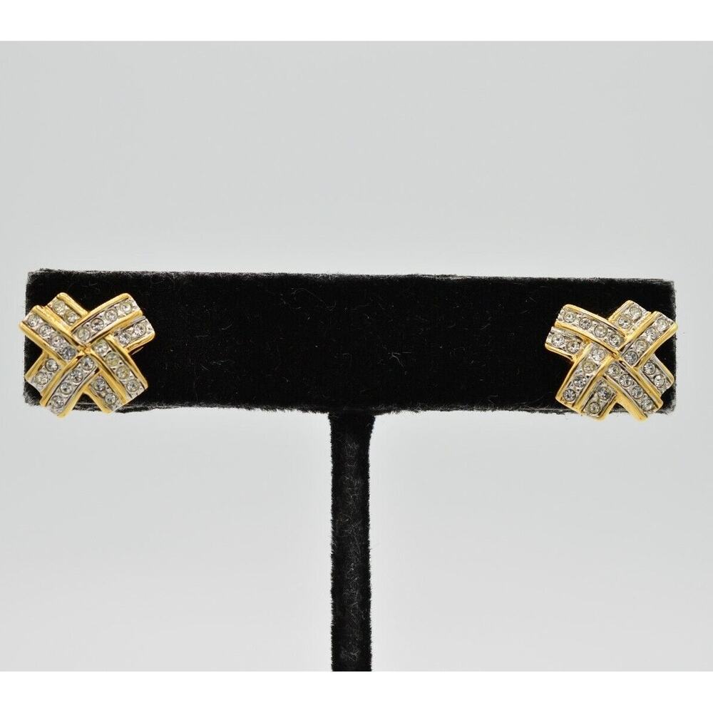 Swarovski Vintage X Earring Pave Rhinestone Crystal Gold Shiny Swan Signed 9H